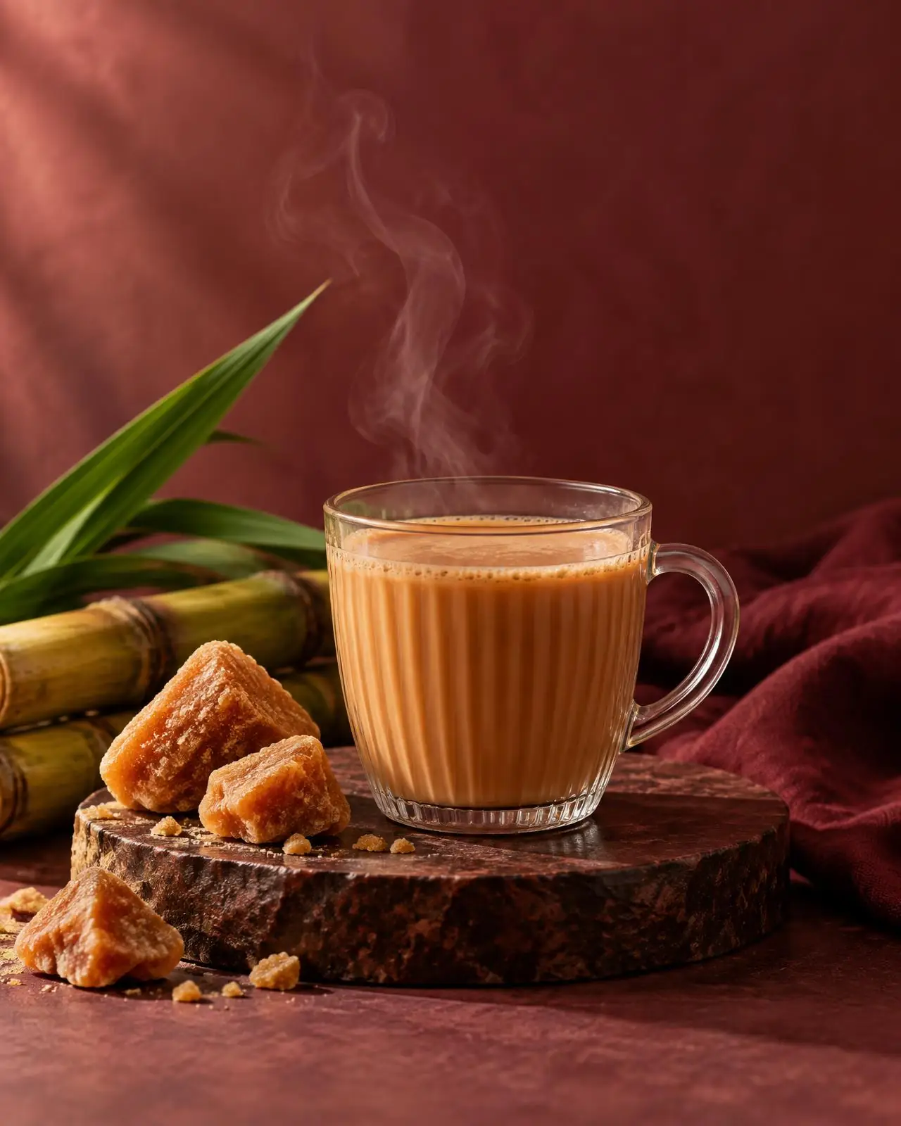 Traditional jaggery tea with sugarcane and jaggery